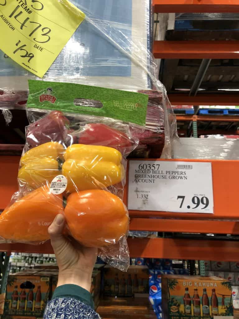 Bag of 6 red, yellow, and orange bell peppers at Costco for $7.99