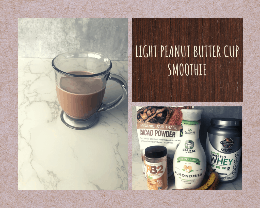 Collage of Peanut Butter Cup Smoothie and ingedients including banana, protein powder, almond milk, and cacao powder on a white marble background. . 