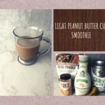 Collage of Peanut Butter Cup Smoothie and ingedients including banana, protein powder, almond milk, and cacao powder on a white marble background. .